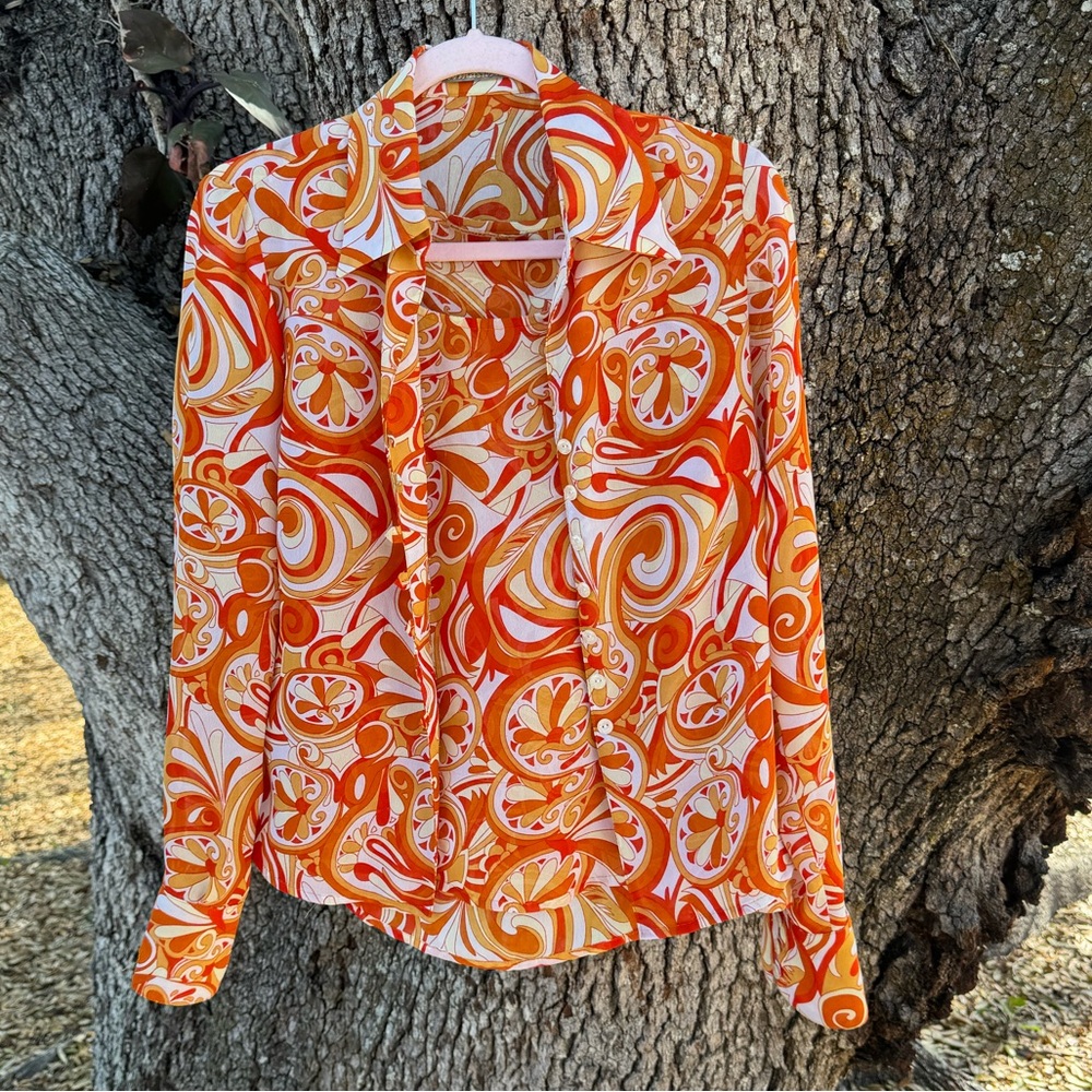 2PC. Mazzonetto-Orange psychedelic Pucci style tank and collared blouse.Size 6